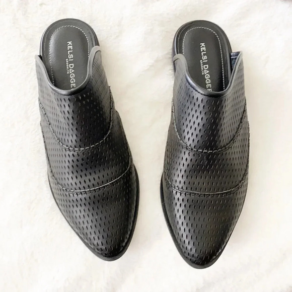 Kelsi Dagger Black leather Perforated Mules slides NWOT - Picture 4 of 10